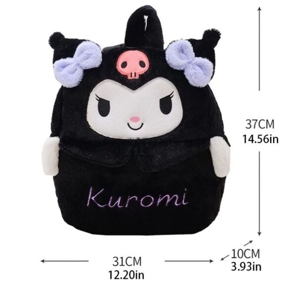 Hello Kitty Backpack Kuromi Embroidered Plush Furry Black 15" Book Bag Sanrio - Picture 8 of 14